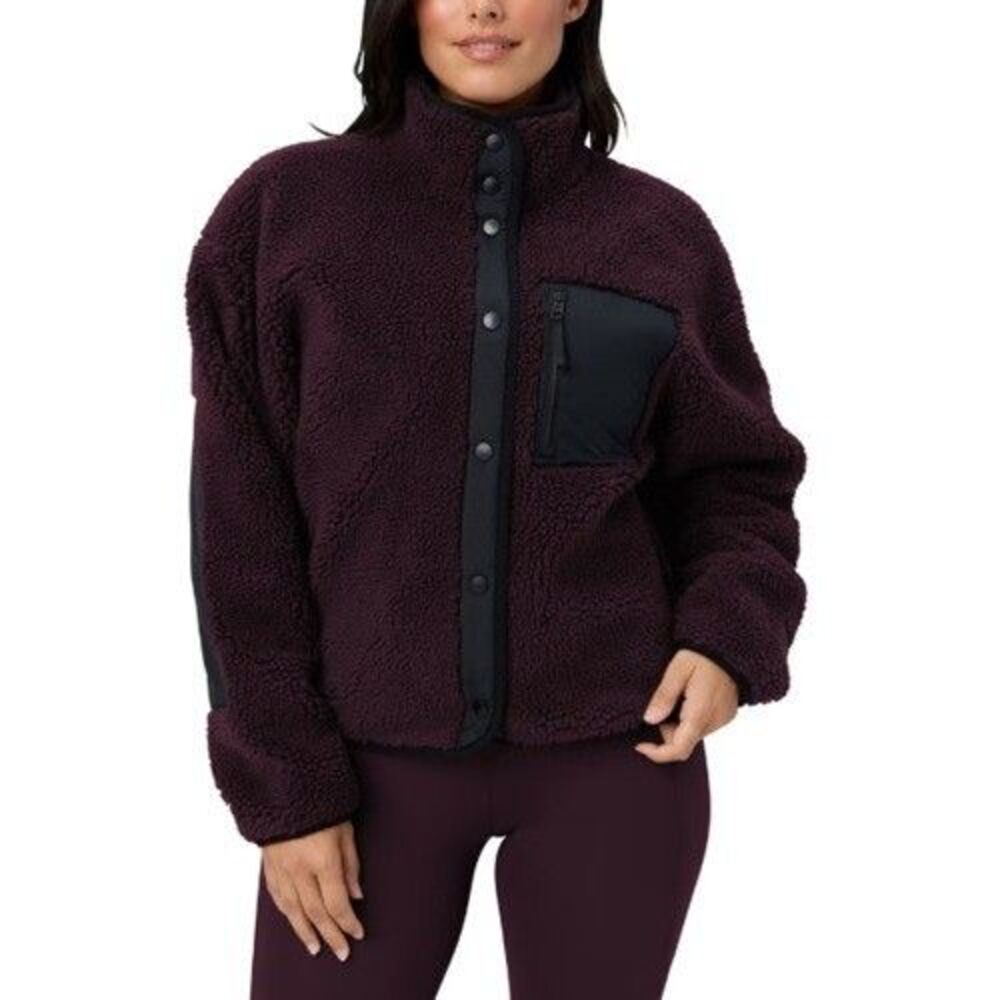 Fabletics Womens Teddy Jacket Large L Dark Purple Fleece Full Snap NWT
